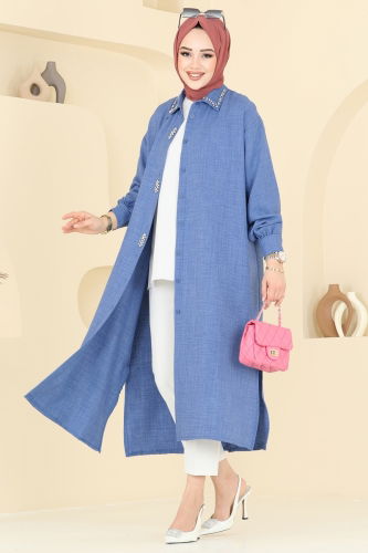 moda selvim Taş Detaylı Tunik 302HBS856 İndigo - Thumbnail