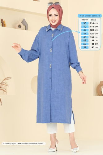 moda selvim Taş Detaylı Tunik 302HBS856 İndigo - Thumbnail