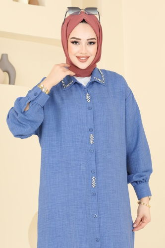 moda selvim Taş Detaylı Tunik 302HBS856 İndigo - Thumbnail