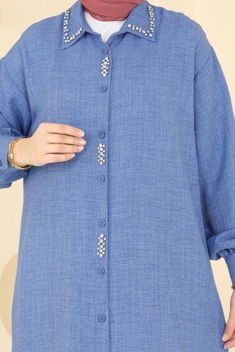 moda selvim Taş Detaylı Tunik 302HBS856 İndigo - Thumbnail