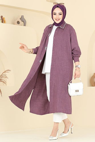 moda selvim Taş Detaylı Tunik 302HBS856 Koyu Lila - Thumbnail