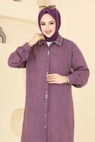 moda selvim Taş Detaylı Tunik 302HBS856 Koyu Lila - Thumbnail