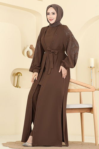 moda selvim Taş Detaylı Üçlü Takım 2012FMZ1159 Kahve - Thumbnail