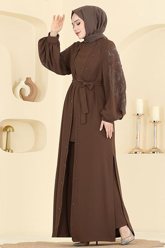 moda selvim Taş Detaylı Üçlü Takım 2012FMZ1159 Kahve - Thumbnail