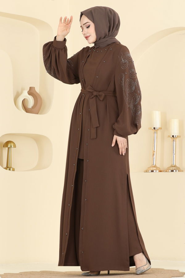 Modaselvim Kombin Taş Detaylı Üçlü Takım 2012FMZ1159 Kahve