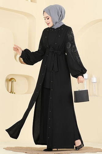 moda selvim Taş Detaylı Üçlü Takım 2012FMZ1159 Siyah - Thumbnail