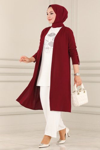 P.L. - Taş Detaylı Üçlü Takım PL9016 Ekru&Bordo