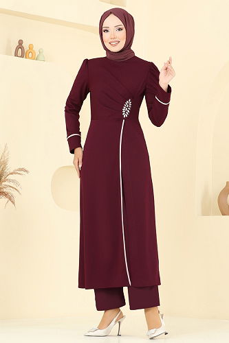 moda selvim Taş Detaylı Yırtmaçlı Takım ASM2816 Bordo - Thumbnail