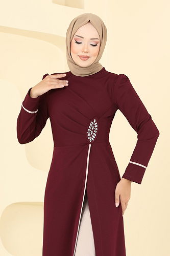 moda selvim Taş Detaylı Yırtmaçlı Takım ASM2816 Bordo&Vizyon - Thumbnail