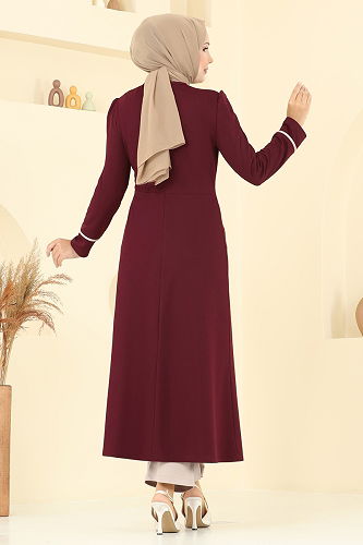 moda selvim Taş Detaylı Yırtmaçlı Takım ASM2816 Bordo&Vizyon - Thumbnail