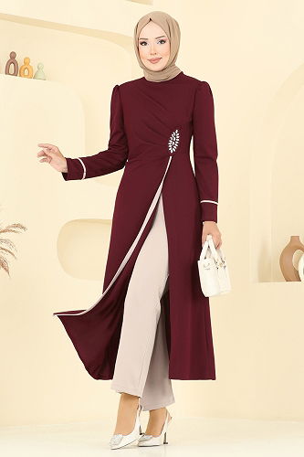 moda selvim Taş Detaylı Yırtmaçlı Takım ASM2816 Bordo&Vizyon - Thumbnail