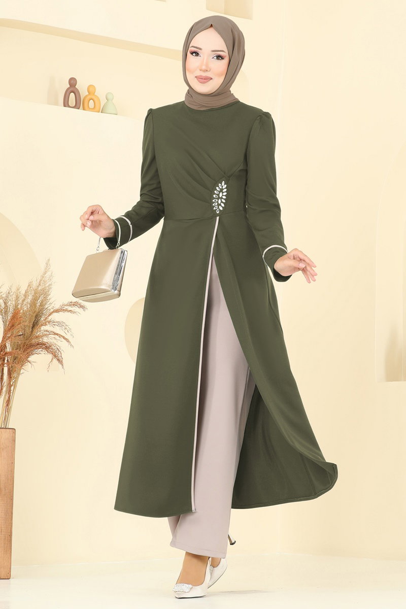 Taş Detaylı Yırtmaçlı Takım ASM2816 Haki&Vizyon - Moda Selvim