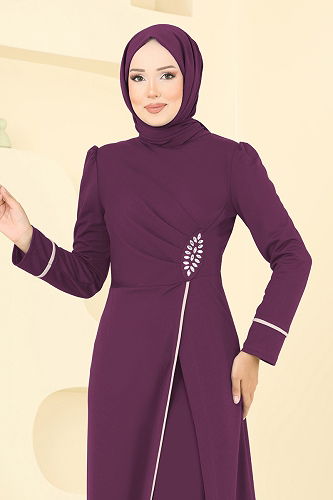 moda selvim Taş Detaylı Yırtmaçlı Takım ASM2816 Mürdüm - Thumbnail