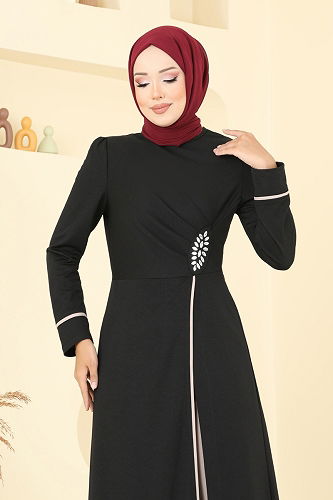 moda selvim Taş Detaylı Yırtmaçlı Takım ASM2816 Siyah&Vizyon - Thumbnail