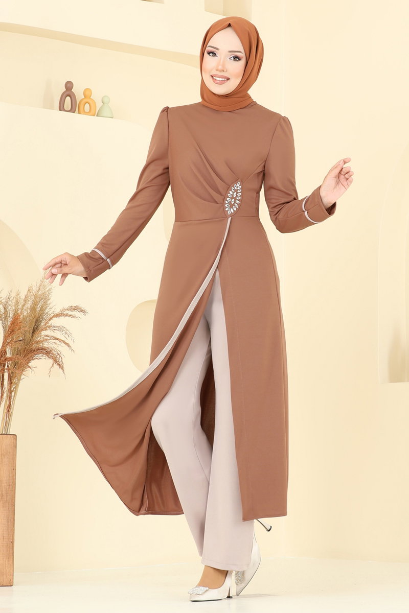 Taş  Detaylı Yırtmaçlı Takım ASM2816 Taba&Vizyon