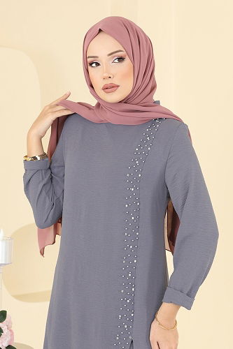 moda selvim Taş Detaylı Yırtmaçlı Takım PL9175 Antrasit - Thumbnail