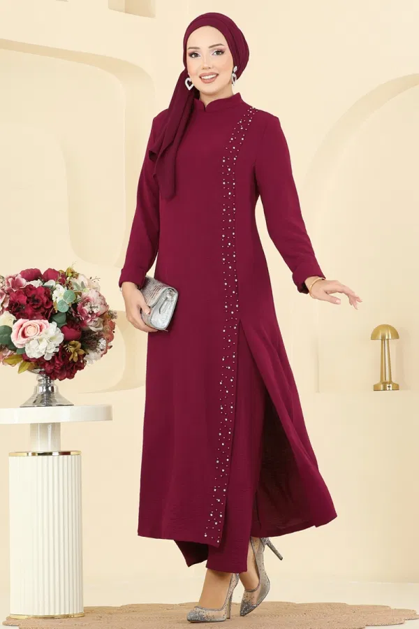 Modaselvim Kombin Taş Detaylı Yırtmaçlı Takım PL9175 Bordo