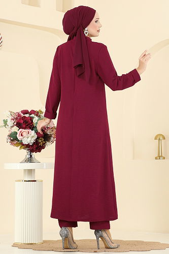 moda selvim Taş Detaylı Yırtmaçlı Takım PL9175 Bordo - Thumbnail