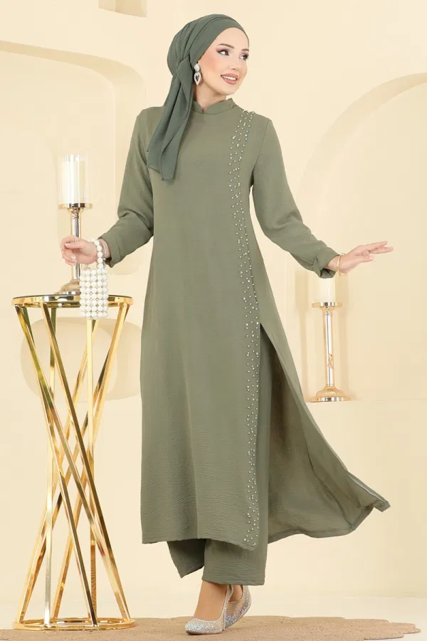 Modaselvim Kombin Taş Detaylı Yırtmaçlı Takım PL9175 Çağla