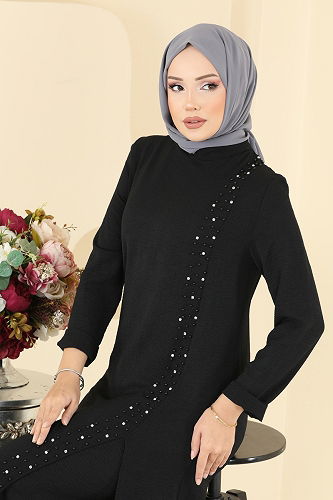 moda selvim Taş Detaylı Yırtmaçlı Takım PL9175 Siyah - Thumbnail