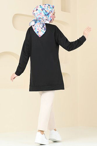 moda selvim Taş Detaylı Yırtmaçlı Tunik 5033UZ662 Siyah - Thumbnail