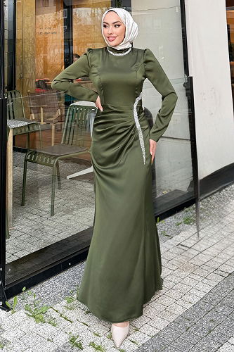 moda selvim Taş Detaylı Zarif Abiye 4663ALGK1170 Haki - Thumbnail