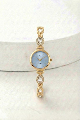 moda selvim Taş Detaylı Zarif Saat 8794CLSK1184 Gold&AçıkMavi - Thumbnail