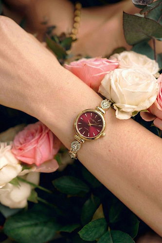 moda selvim Taş Detaylı Zarif Saat 8794CLSK1184 Gold&Bordo - Thumbnail