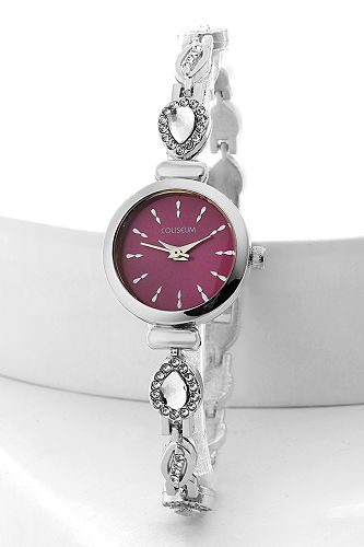 moda selvim Taş Detaylı Zarif Saat 8794CLSK1184 Gümüş&Bordo - Thumbnail