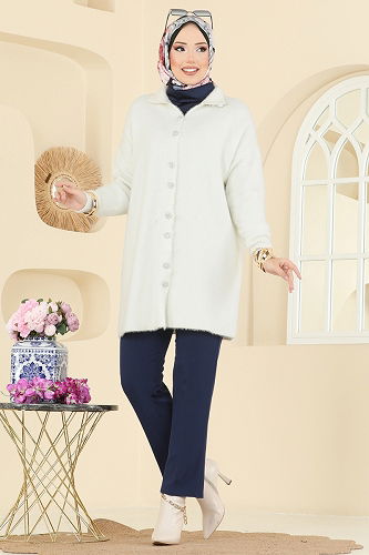 moda selvim Taş Düğme Detaylı Hırka 2447UZ662 Ekru - Thumbnail