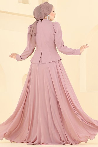 moda selvim Taş İşlemeli Abiye Elbise 234DMNK1166 Gül Kurusu - Thumbnail