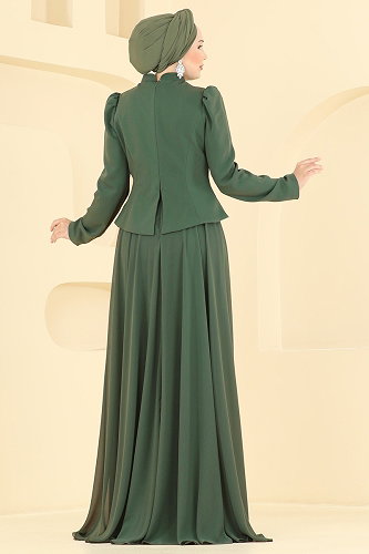 moda selvim Taş İşlemeli Abiye Elbise 234DMNK1166 Haki - Thumbnail
