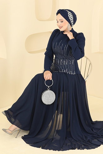 moda selvim Taş İşlemeli Abiye Elbise 234DMNK1166 Laci - Thumbnail