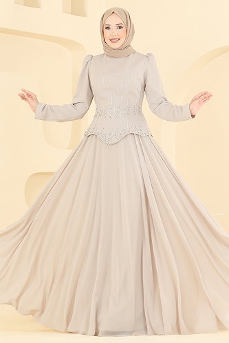 moda selvim Taş İşlemeli Abiye Elbise 234DMNK1166 Taş - Thumbnail