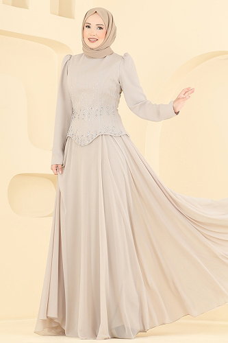 moda selvim Taş İşlemeli Abiye Elbise 234DMNK1166 Taş - Thumbnail