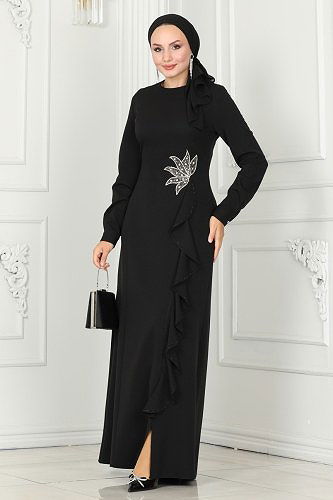 moda selvim Taş İşlemeli Abiye Elbise 6882MDH809 Siyah - Thumbnail
