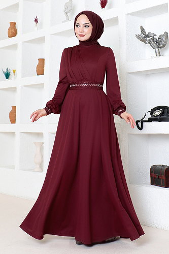 moda selvim Taş İşlemeli Elbise DVL272-M Bordo - Thumbnail