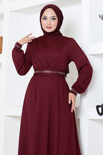 moda selvim Taş İşlemeli Elbise DVL272-M Bordo - Thumbnail