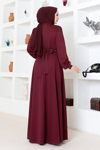 moda selvim Taş İşlemeli Elbise DVL272-M Bordo - Thumbnail