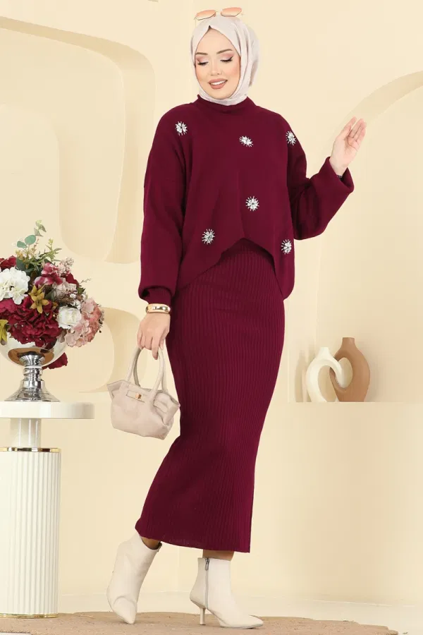 Modaselvim Kombin Taş İşlemeli Elbiseli Takım 1409MT581 Bordo