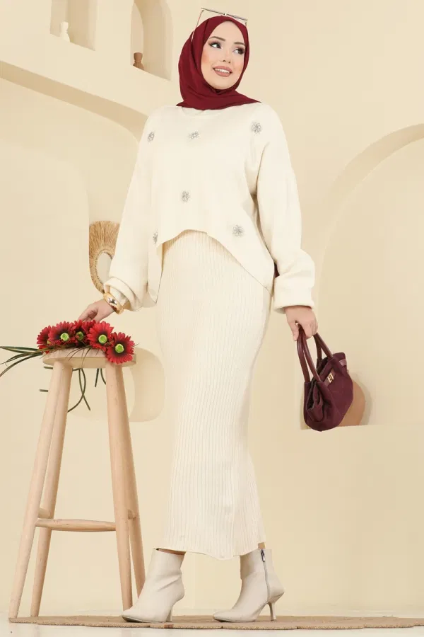 Modaselvim Kombin Taş İşlemeli Elbiseli Takım 1409MT581 Taş