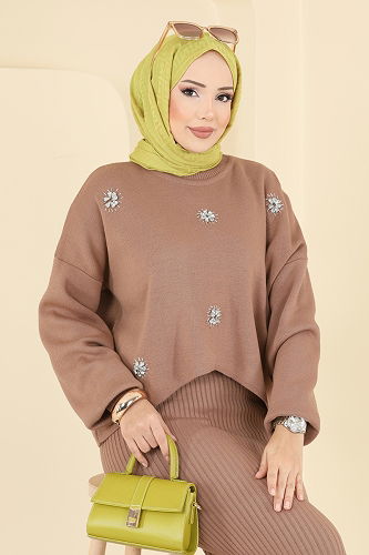 moda selvim Taş İşlemeli Elbiseli Takım 1409MT581 Vizyon - Thumbnail