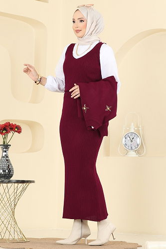 moda selvim Taş İşlemeli Elbiseli Takım 1425MT581 Bordo - Thumbnail