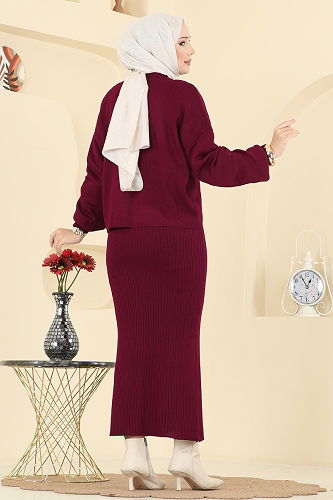 moda selvim Taş İşlemeli Elbiseli Takım 1425MT581 Bordo - Thumbnail