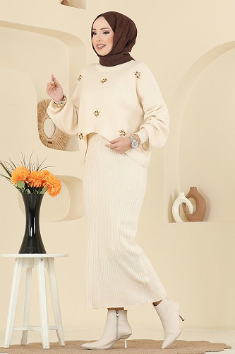 moda selvim Taş İşlemeli Elbiseli Takım 1425MT581 Taş - Thumbnail