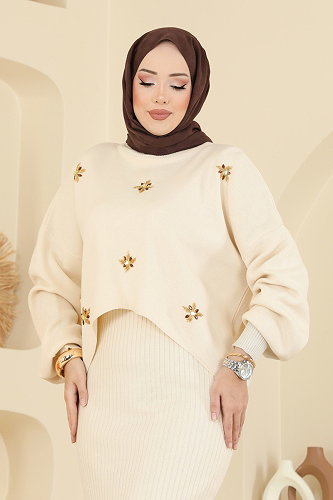 moda selvim Taş İşlemeli Elbiseli Takım 1425MT581 Taş - Thumbnail