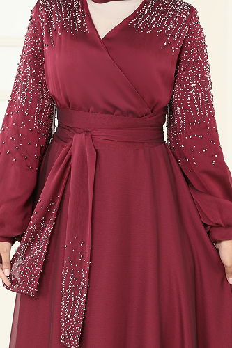moda selvim Taş İşlemeli Janjan Abiye 5693EDF311 Bordo - Thumbnail