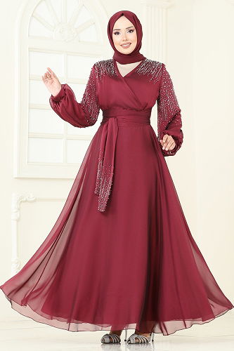 moda selvim Taş İşlemeli Janjan Abiye 5693EDF311 Bordo - Thumbnail