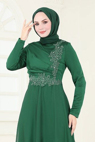 moda selvim Taş İşlemeli Janjan Abiye 5971AB368 Zümrüt - Thumbnail