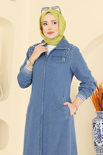 moda selvim Taş İşlemeli Kot Ferace 7808ORG1169 Açık Kot - Thumbnail